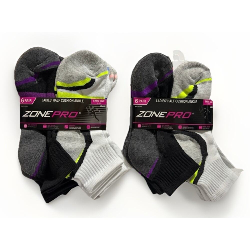Zone Pro Ladies Half Cushion Ankle Socks 12 Pair Athletic Shoe Size 4-10 NEW
